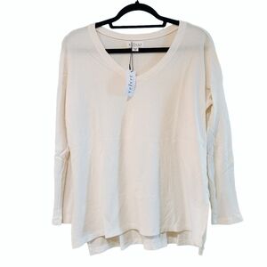 Women's Waffle Knit Long Sleeve V-Neck Loose Fit Shirt - Cream/White